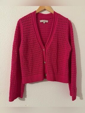 LOFT Large Women's 100% Cotton Hot Pink Fuchsia Cardigan